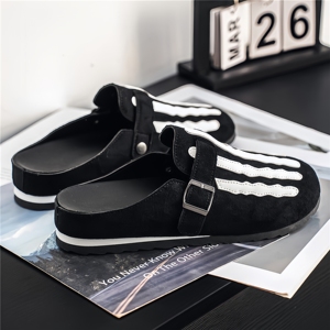 Sandalias Planas de Cuero Genuino con Diseño Original de <span class=keywords><strong>Esqueleto</strong></span> y Bloques de Color, Sandalias Mule Funcionales de Punta Cerrada, Oscuras y Modernas - Product Image 4