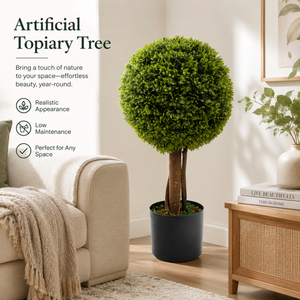 Plante artificielle sphérique en pot, style topiaire, avec tronc en bois et base lestée, matériaux naturels mixtes, vente en gros - Product Image 1