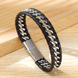 <span class=keywords><strong>Bracciale</strong></span> da Uomo in Pelle Intrecciata Multistrato con Catena Nera di Lusso in Acciaio Inossidabile - Product Image 4