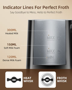 Montalatte Elettrico 4 in 1 da 10oz/300ml, Schiumatore e Scaldalatte Automatico per Schiuma Calda e Fredda, per Latte Macchiato, Cappuccino, Macchiato - Product Image 3
