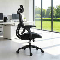 Chaise de bureau ergonomique contemporaine à dossier haut, grise, avec appui-tête réglable, accoudoirs fixes en tissu, base pivotante, inclinaison manuelle
