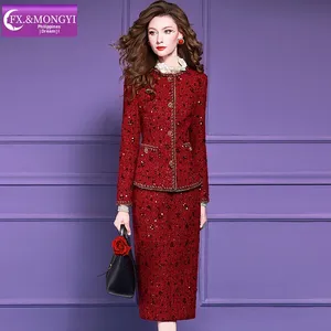FMY Set Elegante con Paillettes Rosse per Donna, Autunno e Inverno, Stile Ricco e Nobile, Cappotto di Lana, Gonna Aderente, 67152 - Product Image 2