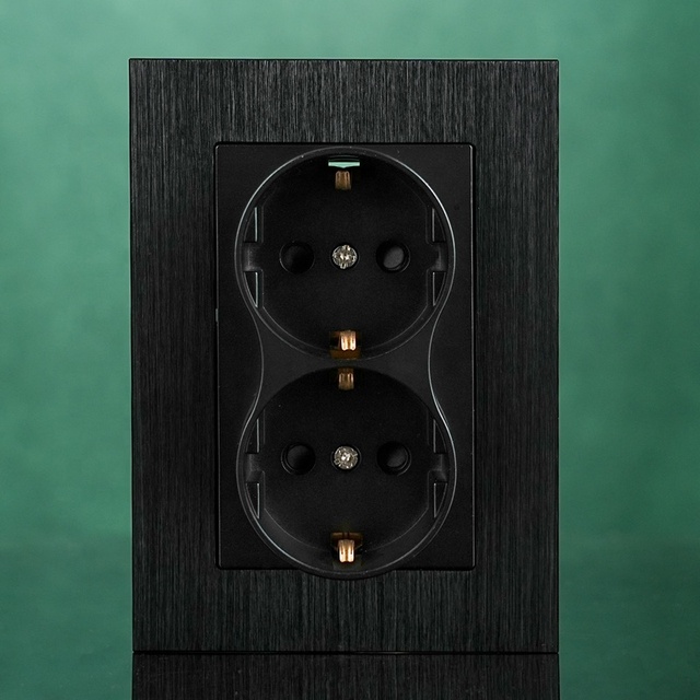 European Plugs Sockets EU Double German Schuko Power Sockets Brushed Black Aluminum Panel 16A Grounding Socket
