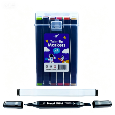 Customized Color Permanent Black Fine Dot Pen Tip Set of 24 Markers with Double Headed Plastic Pens
