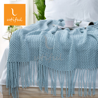 Plaid texturé en tricot warp 100 % acrylique avec longues franges, couleur unie douce, couverture décorative pour canapé et lit