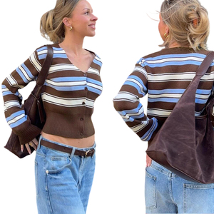 Cárdigan Oversize Vintage a Rayas para Mujer, Top de Punto Sexy con Cuello en V, Manga Larga, Estilo Casual - Product Image 1