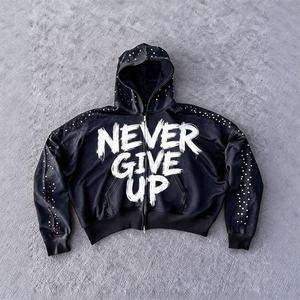 Sudadera con capucha y cremallera de felpa francesa con lavado ácido, efecto desgastado, pedrería y bordado personalizado, estilo vintage, para fabricantes de ropa urbana - Product Image 1