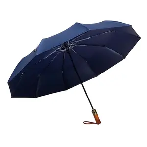 Copper Thicken Automatic Umbrella Outdoor Windproof Umbrella With Wooden Handle 3 Folding Umbrellas For Gift