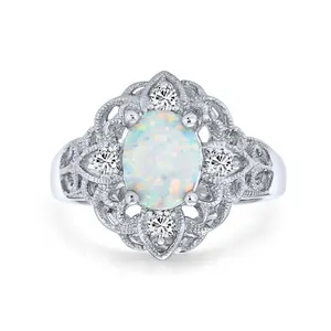 Wholesale Vintage Filigree Oval Flower White Created Opal Gold Plated Rings 925 Sterling Silver