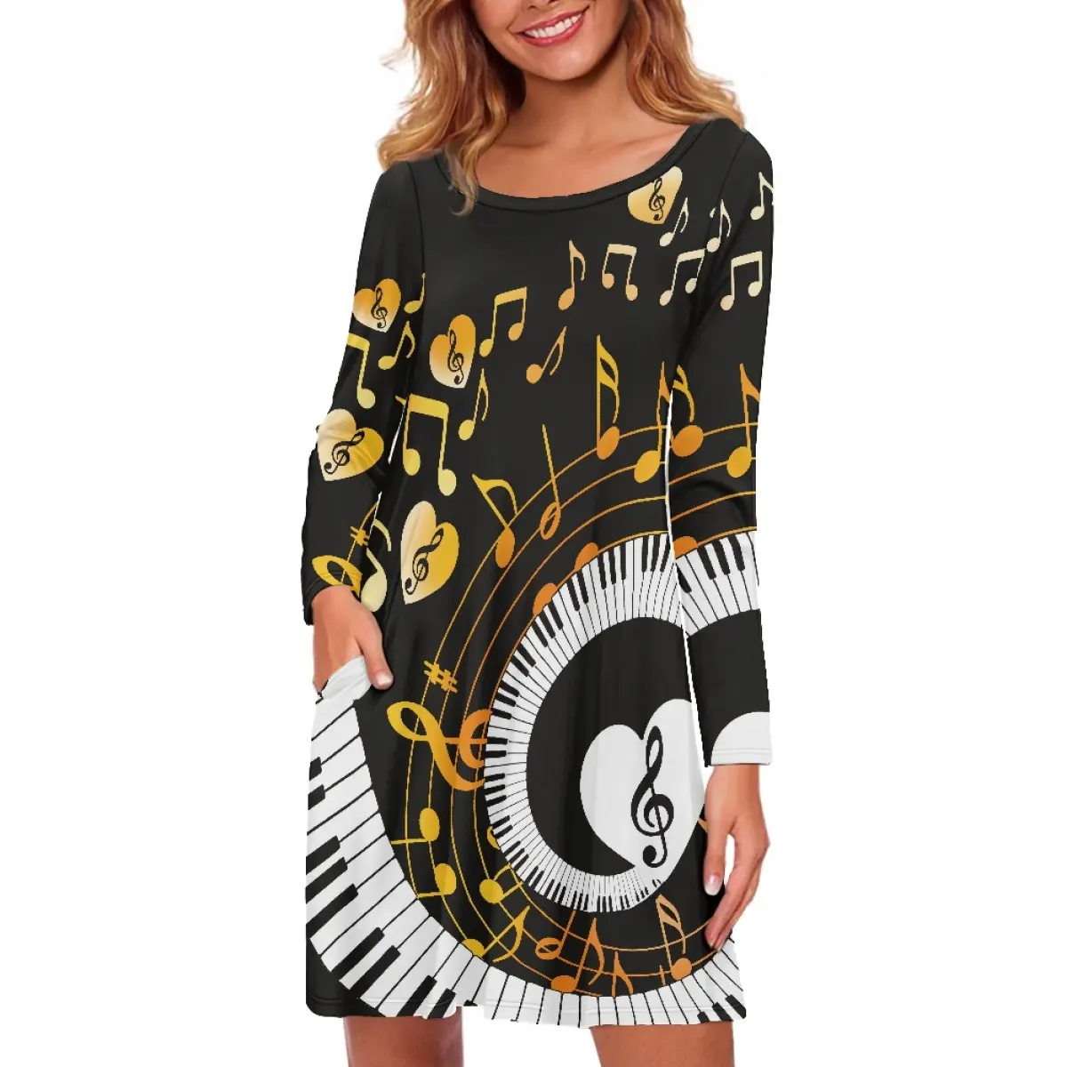 Vestido de comprimento médio com estampa de piano e notas douradas, vestido feminino macio e confortável de manga comprida com bolso, baixo MOQ, roupas quentes, saída de fábrica