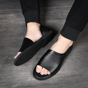 Mules en cuir véritable noir à bout ouvert, semelle extérieure en caoutchouc respirante, pantoufles d'été pour hommes - Product Image 4