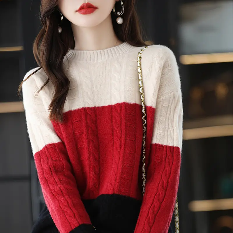 Colorblocking twisted knitted bottoming shirt autumn and winter female temperament within the jumper female models