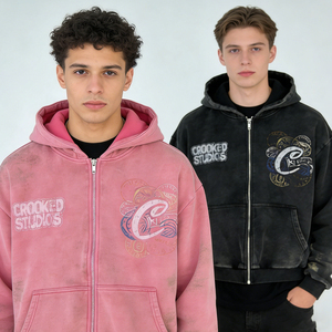 เสื้อฮู้ดดี้ยูนิเซ็กซ์ ผ้าเทอร์รี่หนานุ่ม สไตล์วินเทจ สีซีดแบบฟอกกรด ซิปคู่ รับผลิตตามสั่ง พร้อมบริการพิมพ์ลาย ปัก และติดแพทช์ - Product Image 1