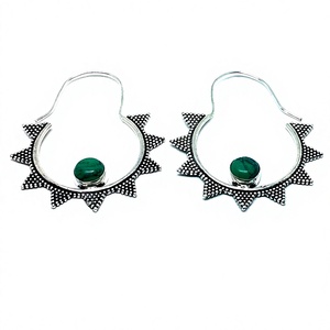 Boucles d'oreilles créoles bohèmes plaquées argent en gros pour femmes, avec pierre précieuse turquoise, forme ronde, bijoux d'anniversaire - Product Image 1