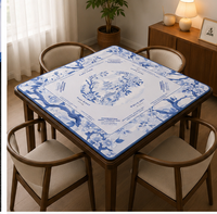 Tapis de Mahjong Américain de Luxe Bleu et Blanc, Motif Floral Chinoiserie Pagode, Guide de Règles Charleston, Antidérapant et Silencieux