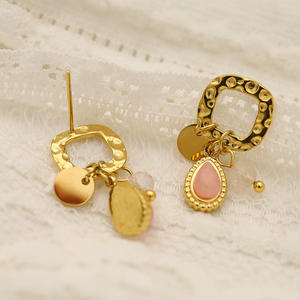 Pendientes de aro retro de gama alta que tocan metal texturizado con colgantes de piedra natural Joyería de acero inoxidable de moda - Product Image 1