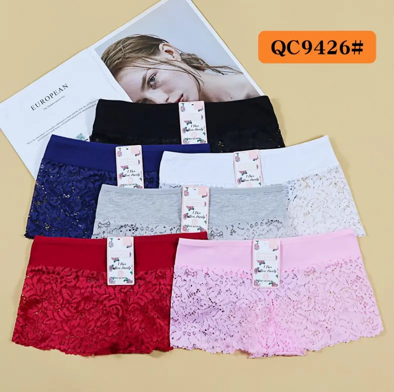 Vendita calda tinta unita traspirante scavato modello di pizzo sexy sostenibile moda bellissimi pantaloni boxer da donna