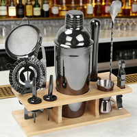 Ensemble d'outils de bar avec support en bambou, ustensiles de bar en acier inoxydable, kit de shaker à cocktails original pour barman, 11 pièces