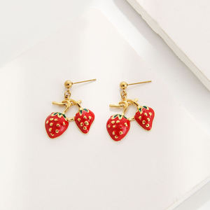 Conjunto de Collar y Pendientes de Cereza Roja y Fresa con Circones, Chapado en Oro, de Latón, de Moda, Lindo y Elegante para Mujer, ¡Venta Caliente! - Product Image 4
