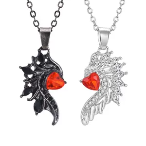 Vnox Fashion Alloy Set Black Round Zirconium Red Heart Zircon Wing Mens Jewelry Necklace 2024