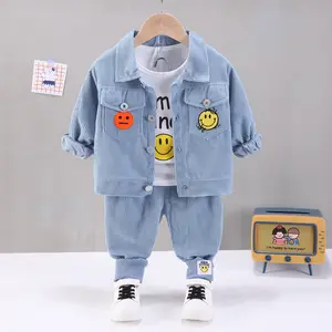 Spring Autumn new boys and girls lapel corduroy long sleeve three-piece baby pocket smiley face suit