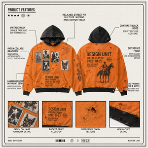 Custom 450GSM Cotton Hoodie Sunfaded Mud Wash French Terry Distressed Boxy Fit Orange Patchwork Grunge <b>Pullover</b> OEM <b>Men</b> Hoodie - Product Image 3