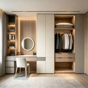 Light Wood Color Walk-in <strong>Wardrobe</strong> Cabinet Body with a Central Island Dressing Table and LED Lighting Bedroom Furniture <strong>Set</strong> - Product Image 3