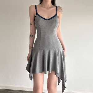 Robe mini débardeur unie simple, extensible, avec bordure en dentelle, sans bretelles, sans manches, ourlet asymétrique, coupe trapèze ajustée, écologique, décontractée - Product Image 5