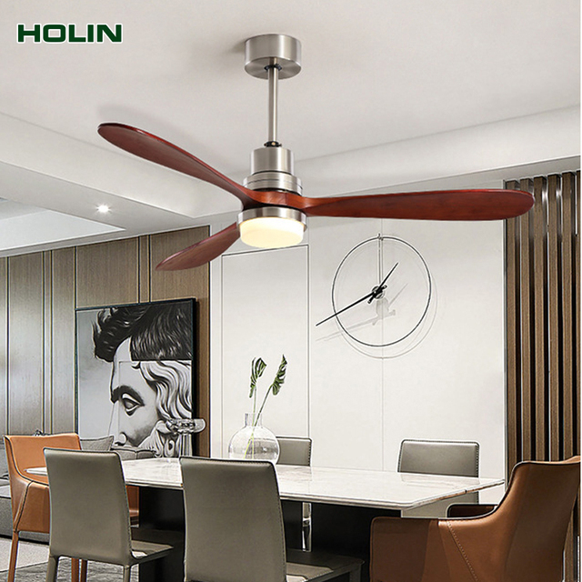Modern Industrial Style 3 Solid Wood Blade Remote Control Led Ceiling Fan With Light Factory Direct Sale