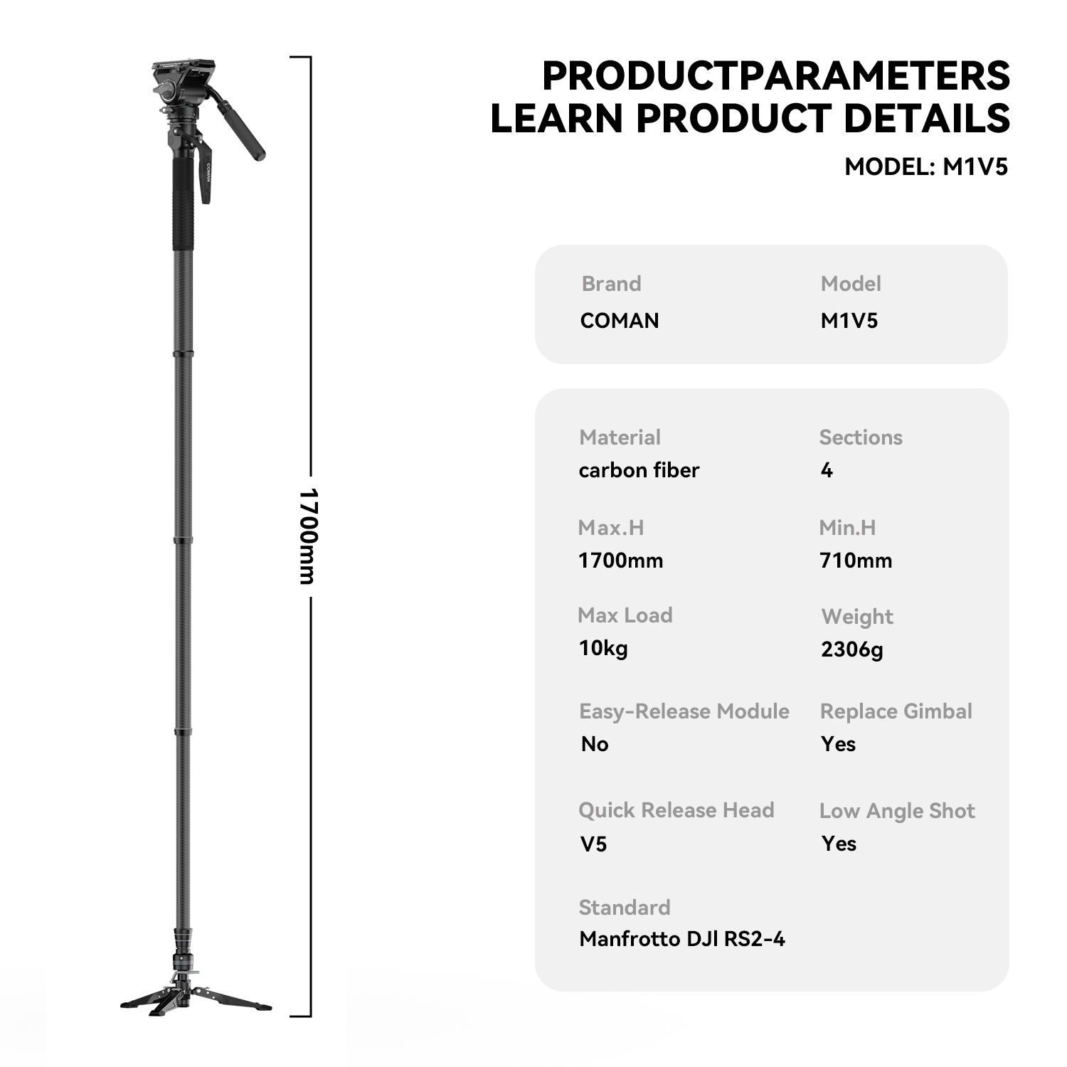 Tête de déverrouillage M1V5-Quick + tube de jambe + base fixe/1700mm