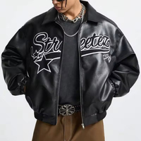 Veste de baseball en cuir véritable noir sur mesure pour hommes, avec patchs en chenille et broderies tendance