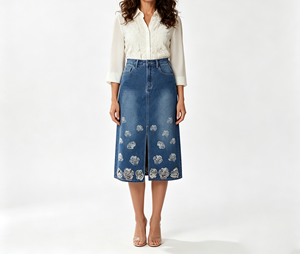 <span class=keywords><strong>Jupe</strong></span> longue en <span class=keywords><strong>jean</strong></span> brodée à motif floral et découpe rose élégante pour femme, taille haute, fente latérale, en denim premium - Product Image 3