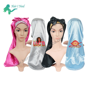 Logo personnalisé extensible Satin cheveux <span class=keywords><strong>Bonnet</strong></span> et bord écharpe bandeau réversible Bling Double couche longs Bonnets en Satin avec bande de cravate - Product Image 3
