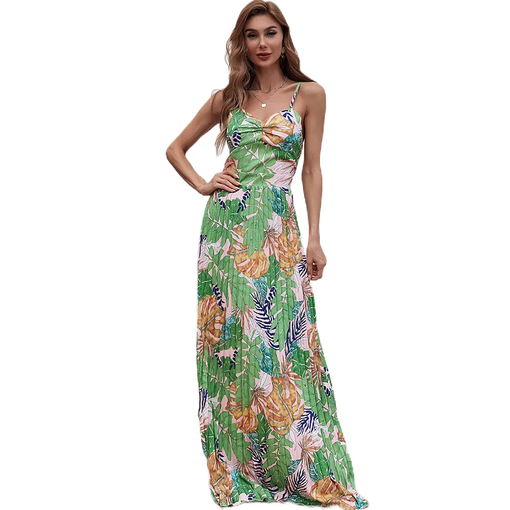 卸売価格新しい夏ノースリーブ女性ドレス花柄プリーツロングビーチファッションカジュアルドレス