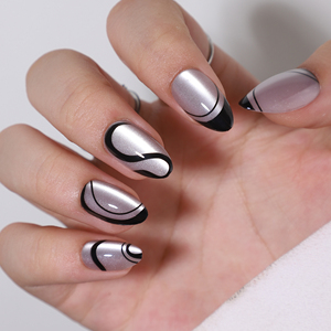 In Stock morbido Gel corto nastro di mandorla <span class=keywords><strong>nero</strong></span> vortice linea su unghie Set Gel morbido unghie finte per <span class=keywords><strong>donna</strong></span> - Product Image 1
