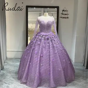 Ruolai LWC6668 Gaun Pesta Lengan Panjang Ilusi Putri Scoop Gaun Malam Manik-manik Bunga 3D Gaun Quinceanera 15