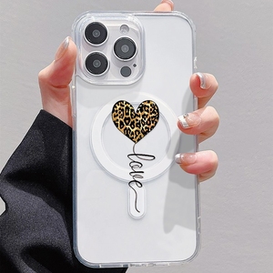 Coque de téléphone tendance imprimé léopard avec ballon cœur pour iPhone 16 15 17 Pro Max 14 13, coque arrière magnétique sans fil - Product Image 1
