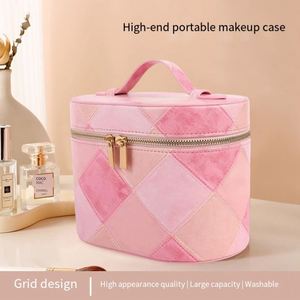 Custom Logo Quilted <b>Makeup</b> Case Portable Cylinder Cosmetic <b>Box</b> with Top Handle - Product Image 3