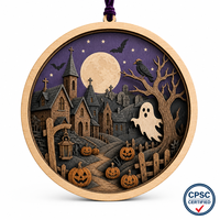 Ornement d'Halloween personnalisé en contreplaqué peuplier de 3 mm découpé au laser, thème Village Hanté, pour la décoration d'automne, conforme CPSC, DDP