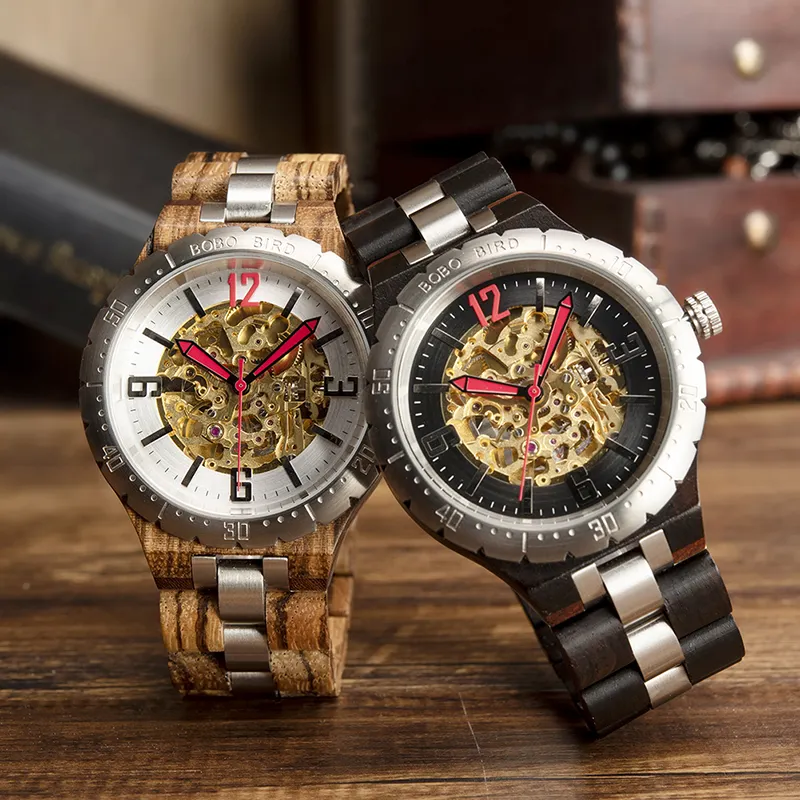 Factory Sale Bobo Bird Watches Men Silver/ Golden Luxury Wrist Brand Ebony/ Zebra Wooden Mechanical Watch with Best Price