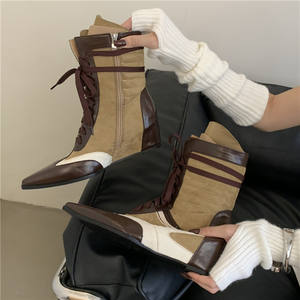 Nuovi Stivali Sportivi con Lacci Stile Boxe Punta Affusolata Stivali Martin con Tacco a Zeppa Retro Bicolore per Donne - Product Image 6