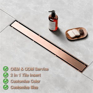 OEM ODM Desagüe de ducha lineal de acero inoxidable 304, acabado oro rosa cepillado, rectangular, reversible, para empotrar en azulejos, para bañera y baño - Product Image 1