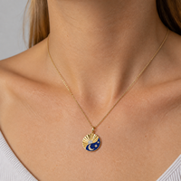 Collier pendentif médaillon Mylove personnalisé en argent sterling 925 plaqué or 18 carats avec émail bleu soleil lune céleste et zircon cubique, vente en gros
