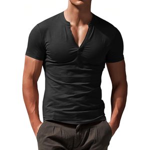 2025 hombres Slim Fit cuello en V Casual Henley camisa 280g peso gimnasio Atlético entrenamiento camiseta hilo teñido manga corta - Product Image 1