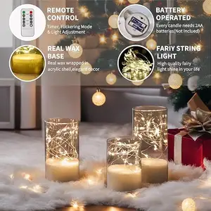 Gold Glass Set Of 3 Fairy Light Candles With Remote Battery Operated Flameless Led Candles For Wedding Party Decoration