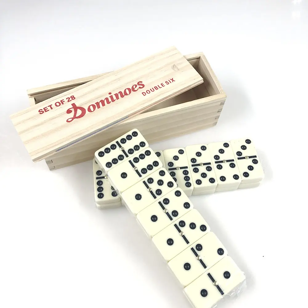 Jeu de dominos en plastique à 28 carreaux ivoire blanc double six dominos à pois noirs avec spinner central dans une boîte en bois