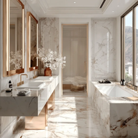 Meuble de salle de bain moderne avec double vasque, miroir pleine longueur avec bordure dorée et éclairage LED intégré