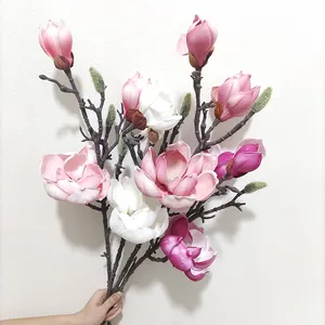 Magnólia de flores artificiais, flor de 3 cabeças para decoração de casamento e casa