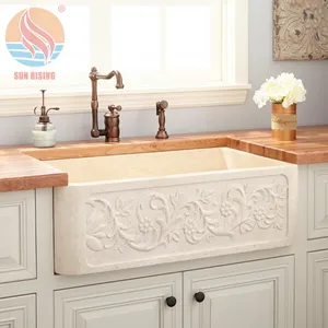 Direct Supply 36" Double Bowl Farmhouse Sink Polished Cream Egyptian Marble Washing Sink Wash Basin