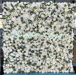 EG-S046热人造白玫瑰3d绣球花墙绿色和白色花墙卷起